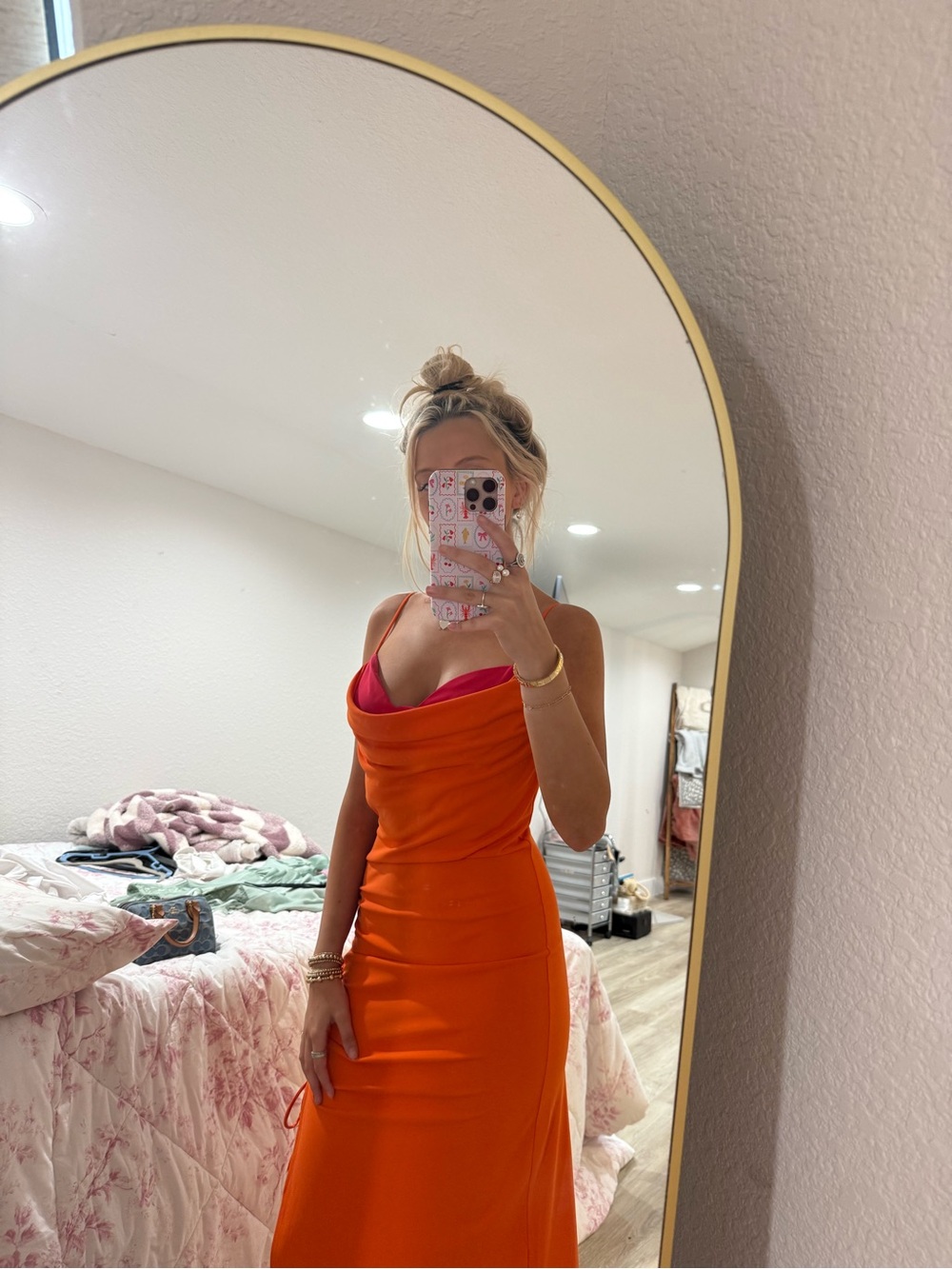 Sleeveless Orange Cowl Neck Maxi Dress with Side Ruching